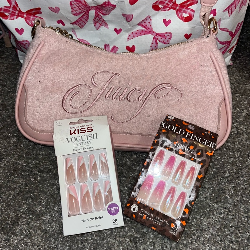 Juicy Couture Light Pink Embroidered Shoulder Bag with Gold Chain